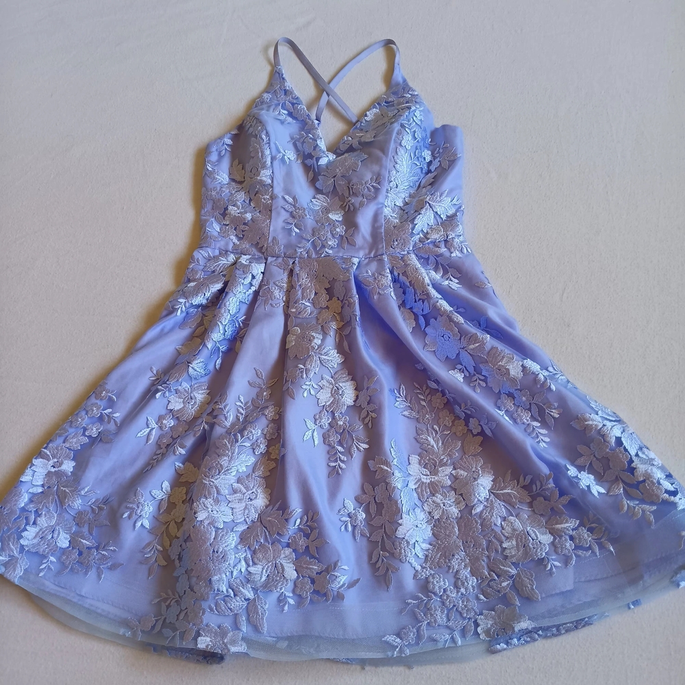 BCX Sz 7 Purple Spaghetti Strap Floral Embroidered Sundress W/cross Strap Back